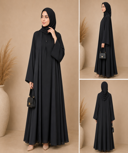 Classic Black Open Front Abaya with Matching Black Hijab for Women