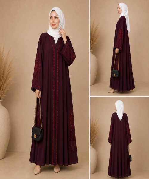 Elegant Burgundy Embroidered Open Abaya with White Hijab for Women