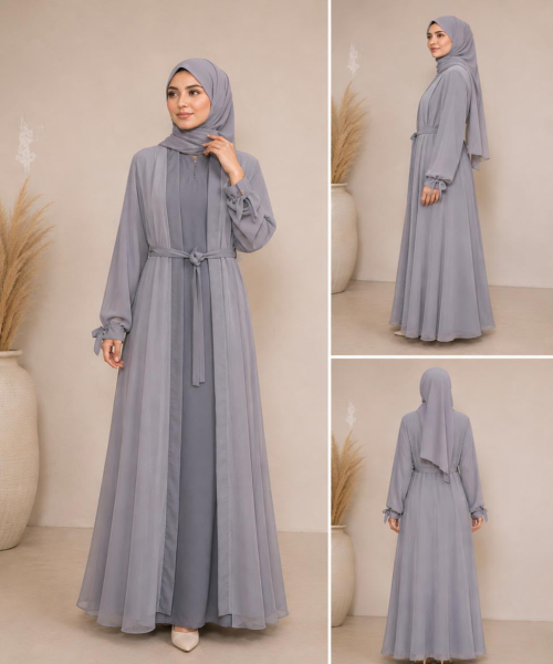 Elegant Grey Premium Chiffon Abaya with Matching Hijab & Waist Belt