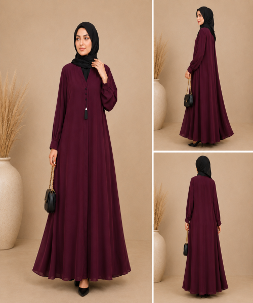 Elegant Maroon Open Front Abaya Set with Pleated Detail & Matching Hijab