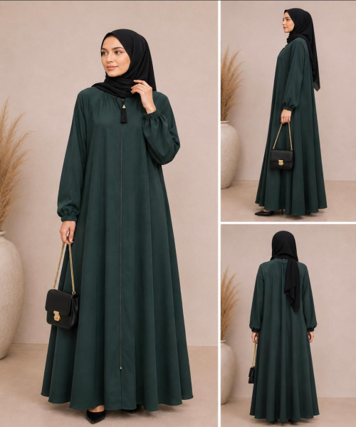Luxury Dark Green Frock Style Zoom Abaya with Black Hijab