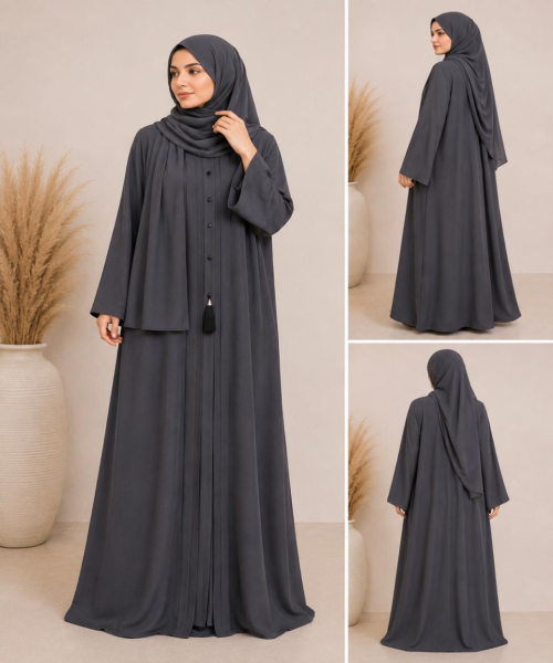 Luxury Dark Grey Zoom Fabric Elegant Abaya with Matching Hijab