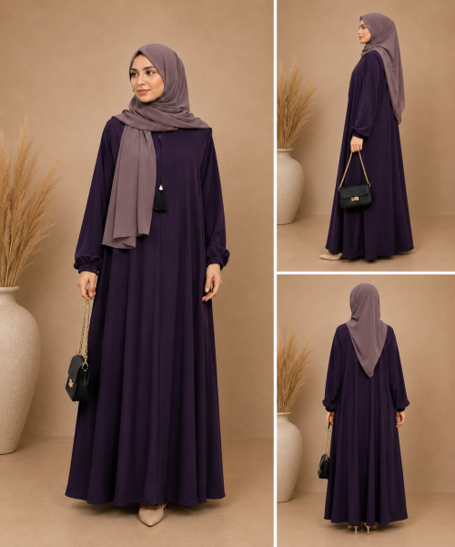 Luxury Dark Purple Korean Silk Frock Style Abaya with Light Purple Hijab