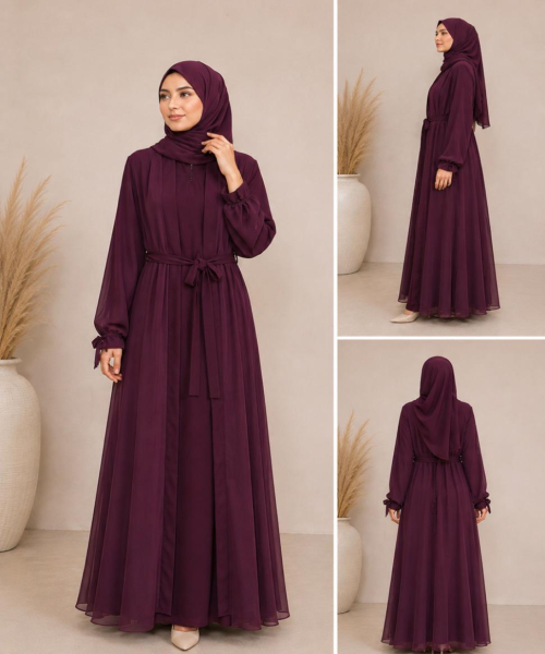 Luxury Mehroon Chiffon Gown Style Abaya with Matching Hijab