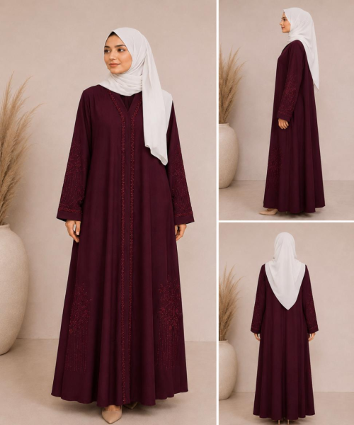 Luxury Mehroon Korean Fabric Frock Style Abaya with White Hijab