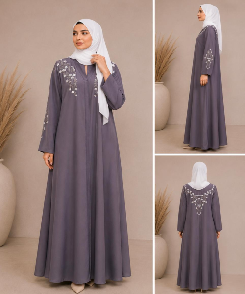 Luxury Muted Eggplant Grey Frock Style Zoom Abaya with White Hijab