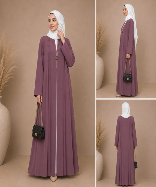 Luxury Pinkish Purple Silk Abaya with White Hijab – Frock Style