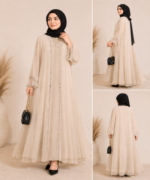 Luxury Skin Chiffon Abaya with Black Hijab – Frock Style